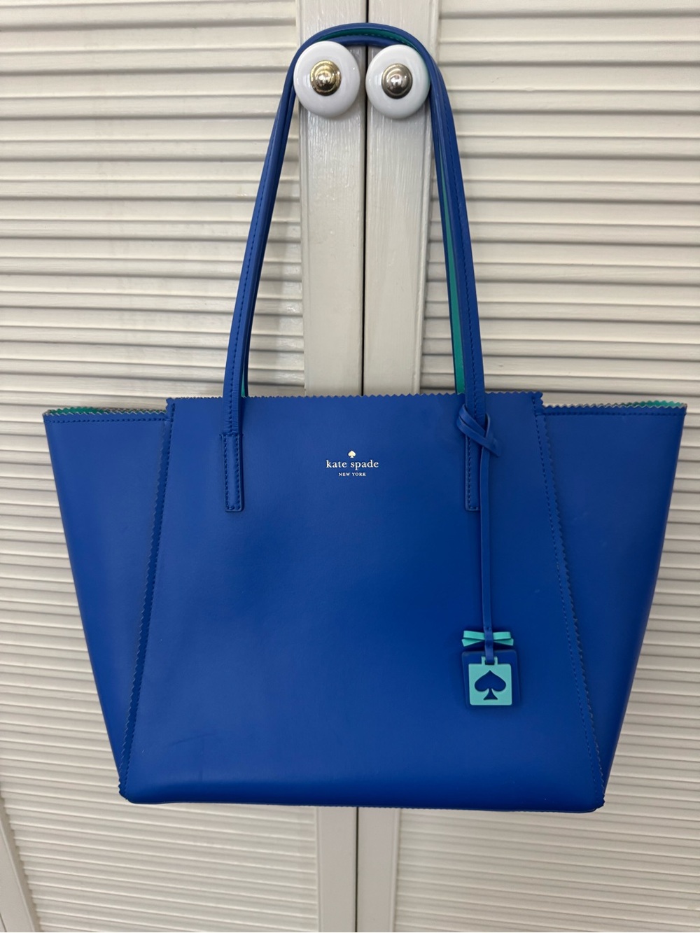 kate spade cobalt blue leather tote with turquoise trim